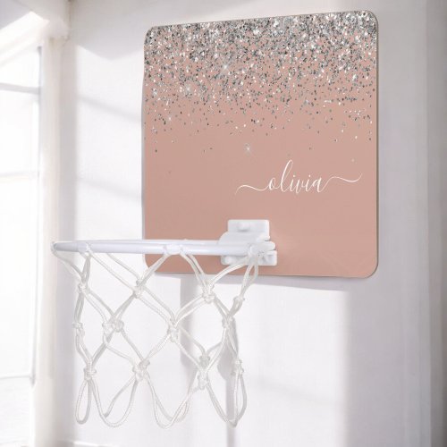 Rose Gold Blush Pink Silver Glitter Monogram Girly Mini Basketball Hoop