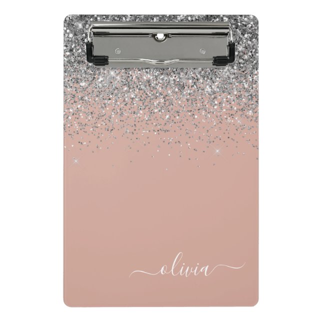 Rose Gold Blush Pink Silver Glitter Monogram Girly Mini Clipboard (Front)