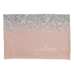 Rose Gold Blush Pink Silver Glitter Monogram Girly Pillow Case