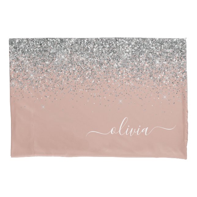 Rose Gold Blush Pink Silver Glitter Monogram Girly Pillow Case (Front)