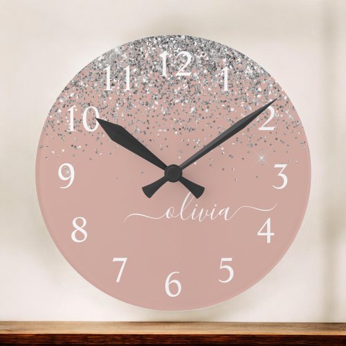 Rose Gold Blush Pink Silver Glitter Monogram Girly Round Clock