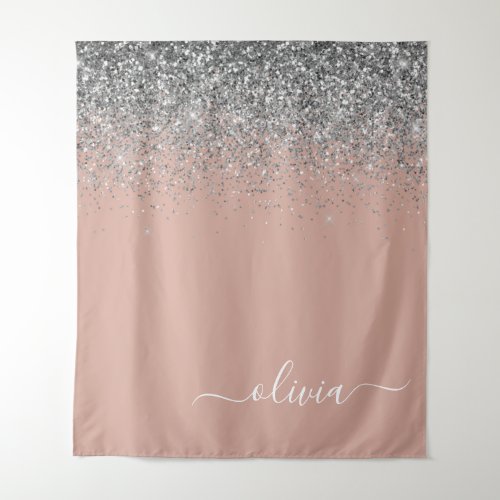 Rose Gold Blush Pink Silver Glitter Monogram Girly Tapestry