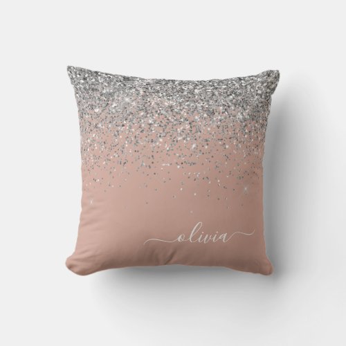 Rose Gold Blush Pink Silver Glitter Monogram Girly Throw Pillow