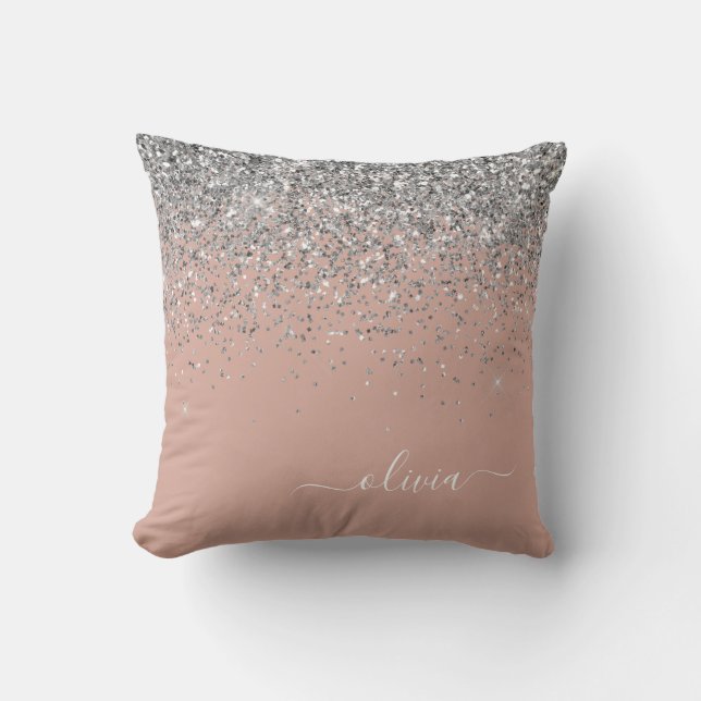 Rose Gold Blush Pink Silver Glitter Monogram Girly Throw Pillow (Front)