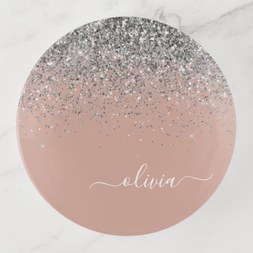 Rose Gold Blush Pink Silver Glitter Monogram Girly Trinket Tray