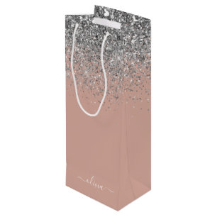 Rose Gold Blush Pink Silver Glitter Monogram Girly Wine Gift Bag
