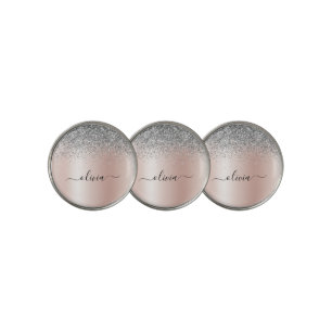 Rose Gold - Blush Pink Silver Glitter Monogram Golf Ball Marker
