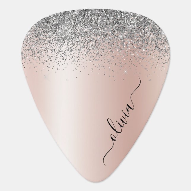 Rose Gold - Blush Pink Silver Glitter Monogram Guitar Pick (Front)