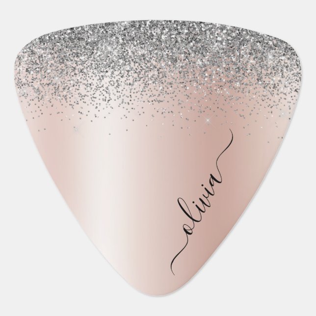 Rose Gold - Blush Pink Silver Glitter Monogram Guitar Pick (Front)