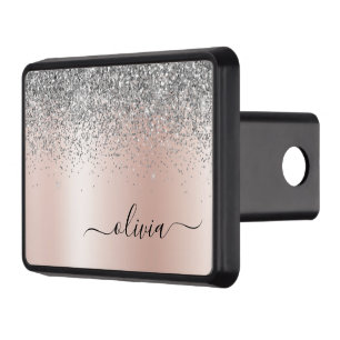 Rose Gold - Blush Pink Silver Glitter Monogram Hitch Cover