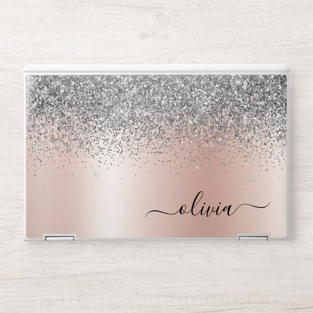 Rose Gold - Blush Pink Silver Glitter Monogram HP Laptop Skin (Front)