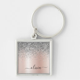 Rose Gold - Blush Pink Silver Glitter Monogram Keychain