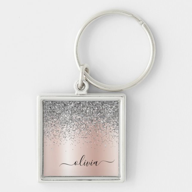 Rose Gold - Blush Pink Silver Glitter Monogram Keychain (Front)