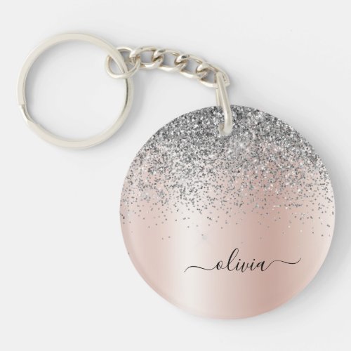 Rose Gold _ Blush Pink Silver Glitter Monogram Keychain