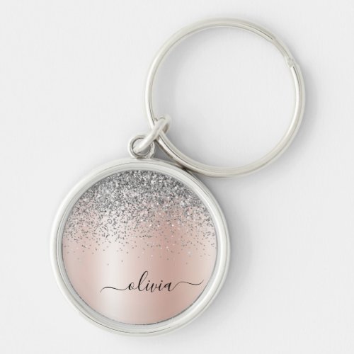 Rose Gold _ Blush Pink Silver Glitter Monogram Keychain