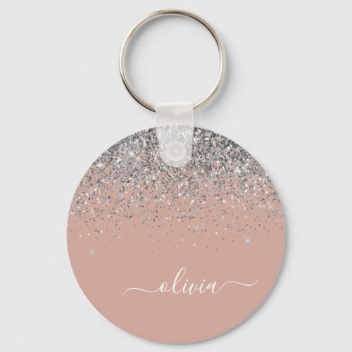 Rose Gold Blush Pink Silver Glitter Monogram Keychain