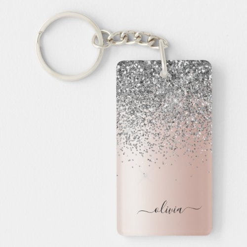 Rose Gold _ Blush Pink Silver Glitter Monogram Keychain