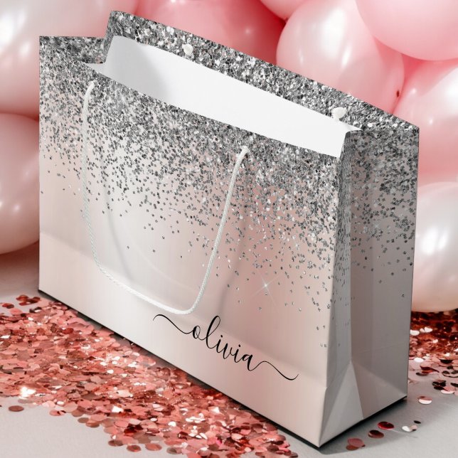 Rose Gold - Blush Pink Silver Glitter Monogram Large Gift Bag (Creator Uploaded)