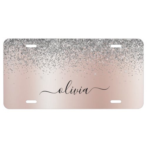 Rose Gold _ Blush Pink Silver Glitter Monogram License Plate