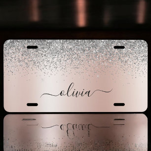 Rose Gold - Blush Pink Silver Glitter Monogram License Plate