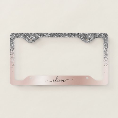 Rose Gold _ Blush Pink Silver Glitter Monogram License Plate Frame