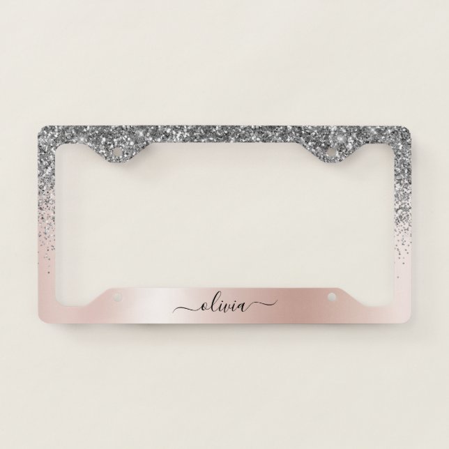 Rose Gold - Blush Pink Silver Glitter Monogram License Plate Frame (Front)