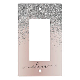 Rose Gold - Blush Pink Silver Glitter Monogram Light Switch Cover