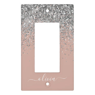 Rose Gold Blush Pink Silver Glitter Monogram Light Switch Cover