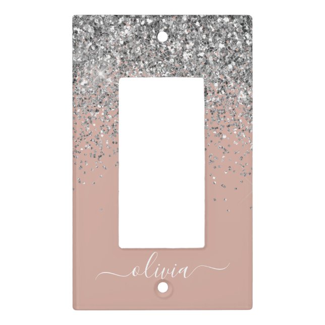 Rose Gold Blush Pink Silver Glitter Monogram Light Switch Cover (Front)