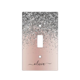 Rose Gold - Blush Pink Silver Glitter Monogram Light Switch Cover