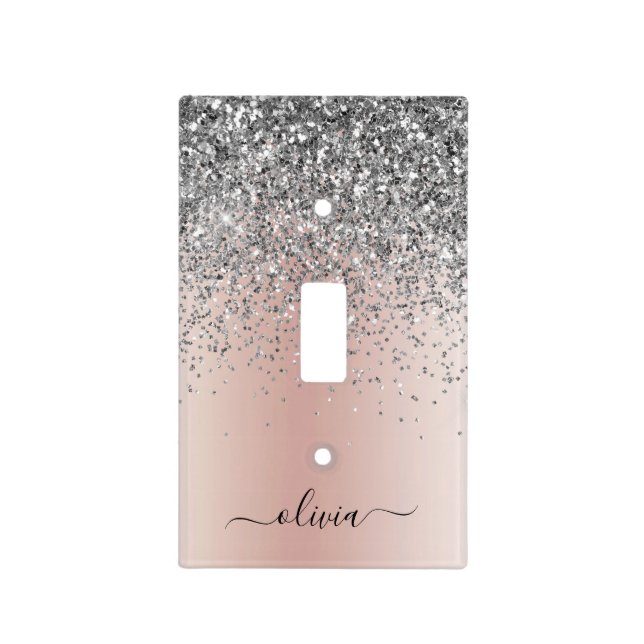 Rose Gold - Blush Pink Silver Glitter Monogram Light Switch Cover (Front)