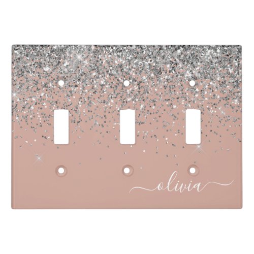 Rose Gold Blush Pink Silver Glitter Monogram Light Switch Cover
