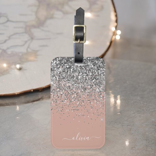 Rose Gold Blush Pink Silver Glitter Monogram Luggage Tag