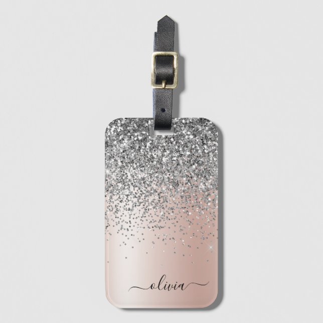 Rose Gold - Blush Pink Silver Glitter Monogram Luggage Tag (Front Vertical)