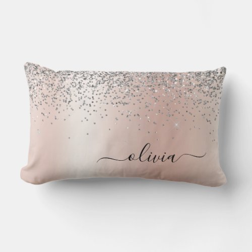 Rose Gold _ Blush Pink Silver Glitter Monogram Lumbar Pillow