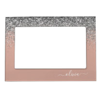 Rose Gold Blush Pink Silver Glitter Monogram Magnetic Frame