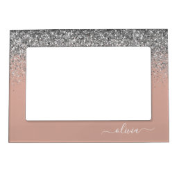 Rose Gold Blush Pink Silver Glitter Monogram Magnetic Frame