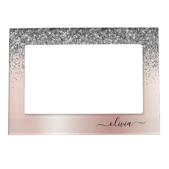 Rose Gold - Blush Pink Silver Glitter Monogram Magnetic Frame (Front)
