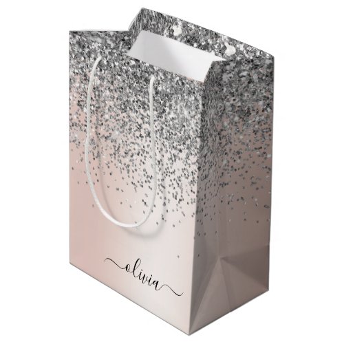 Rose Gold _ Blush Pink Silver Glitter Monogram Medium Gift Bag