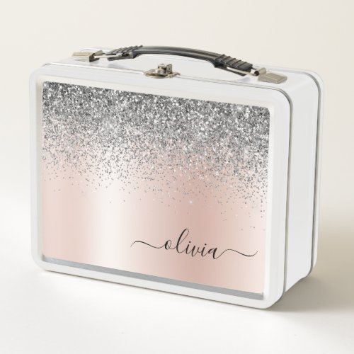 Rose Gold _ Blush Pink Silver Glitter Monogram Metal Lunch Box
