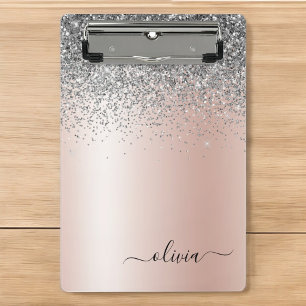 Rose Gold - Blush Pink Silver Glitter Monogram Mini Clipboard