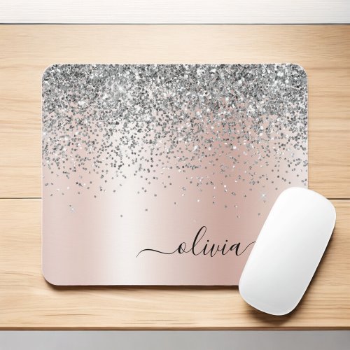 Rose Gold _ Blush Pink Silver Glitter Monogram Mouse Pad