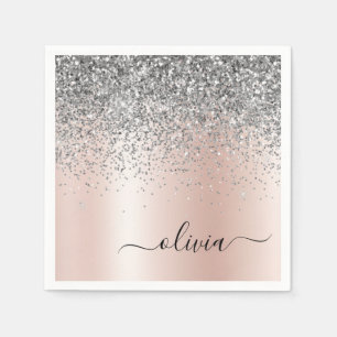 Rose Gold - Blush Pink Silver Glitter Monogram Napkins