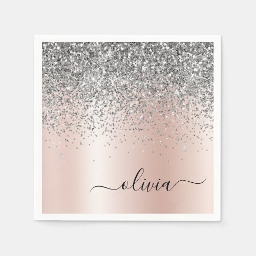 Rose Gold _ Blush Pink Silver Glitter Monogram Napkins
