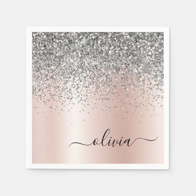 Rose Gold - Blush Pink Silver Glitter Monogram Napkins (Front)