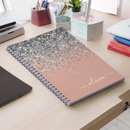 Rose Gold Blush Pink Silver Glitter Monogram Notebook