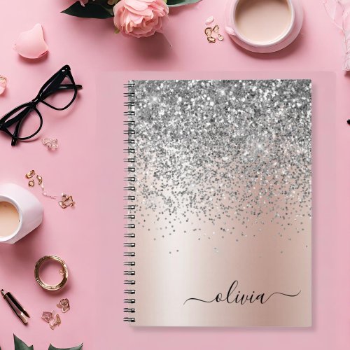 Rose Gold _ Blush Pink Silver Glitter Monogram Notebook