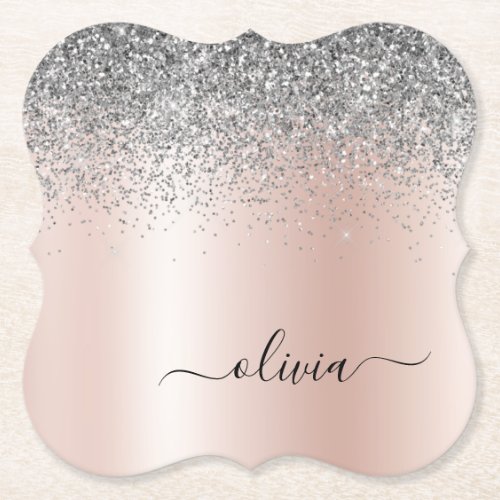 Rose Gold _ Blush Pink Silver Glitter Monogram Paper Coaster