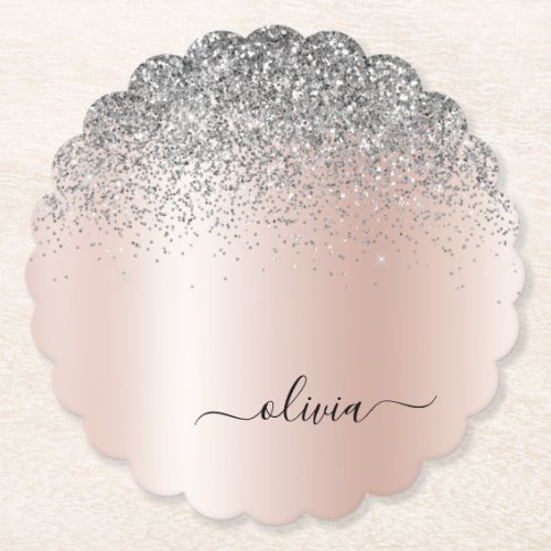 Rose Gold _ Blush Pink Silver Glitter Monogram Paper Coaster