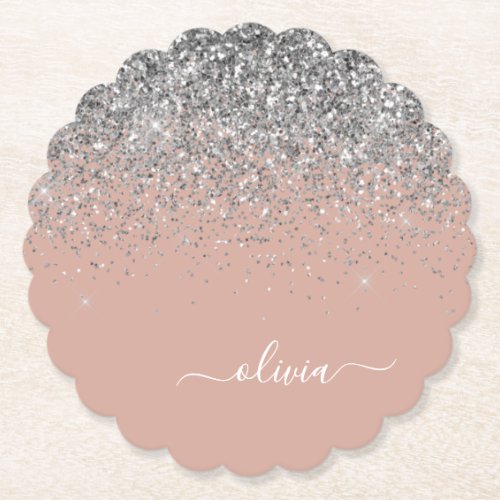 Rose Gold Blush Pink Silver Glitter Monogram Paper Coaster